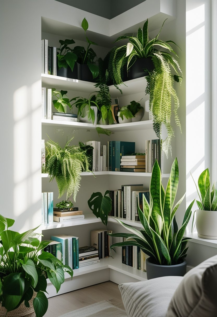 A reading nook with a white corner bookshelf filled with books and green indoor plants, bathed in natural light.